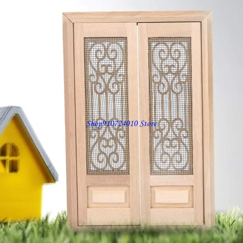 

77HD Dollhouses Decoration 1/12 Scale Wooden Double Screen Door Unpainted Furniture
