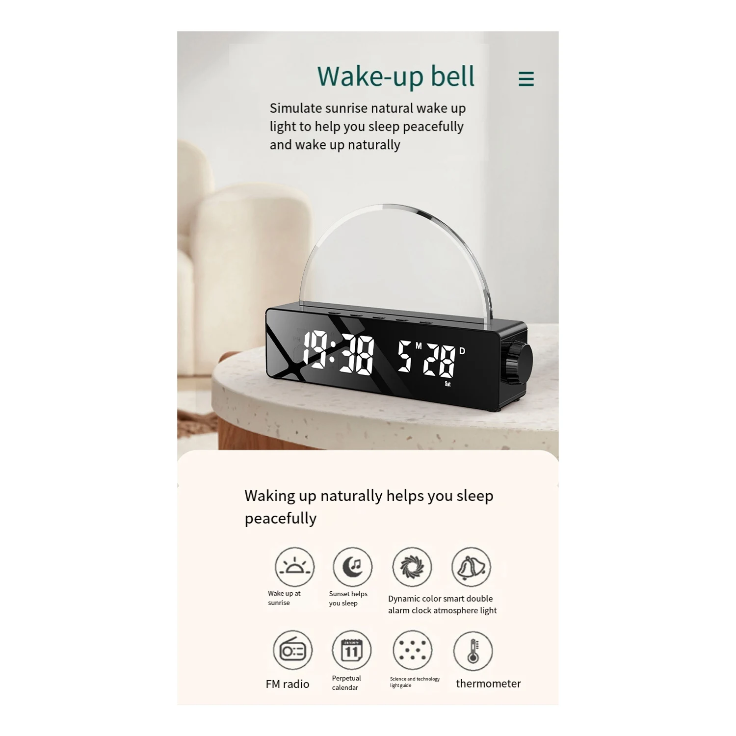BAAG-Sunrise Lamp Sunrise Alarm Clock, Wake Up Light Dawn Simulator, Bedside Sun Lamp Color Changing Lights For Bedroom Black Du