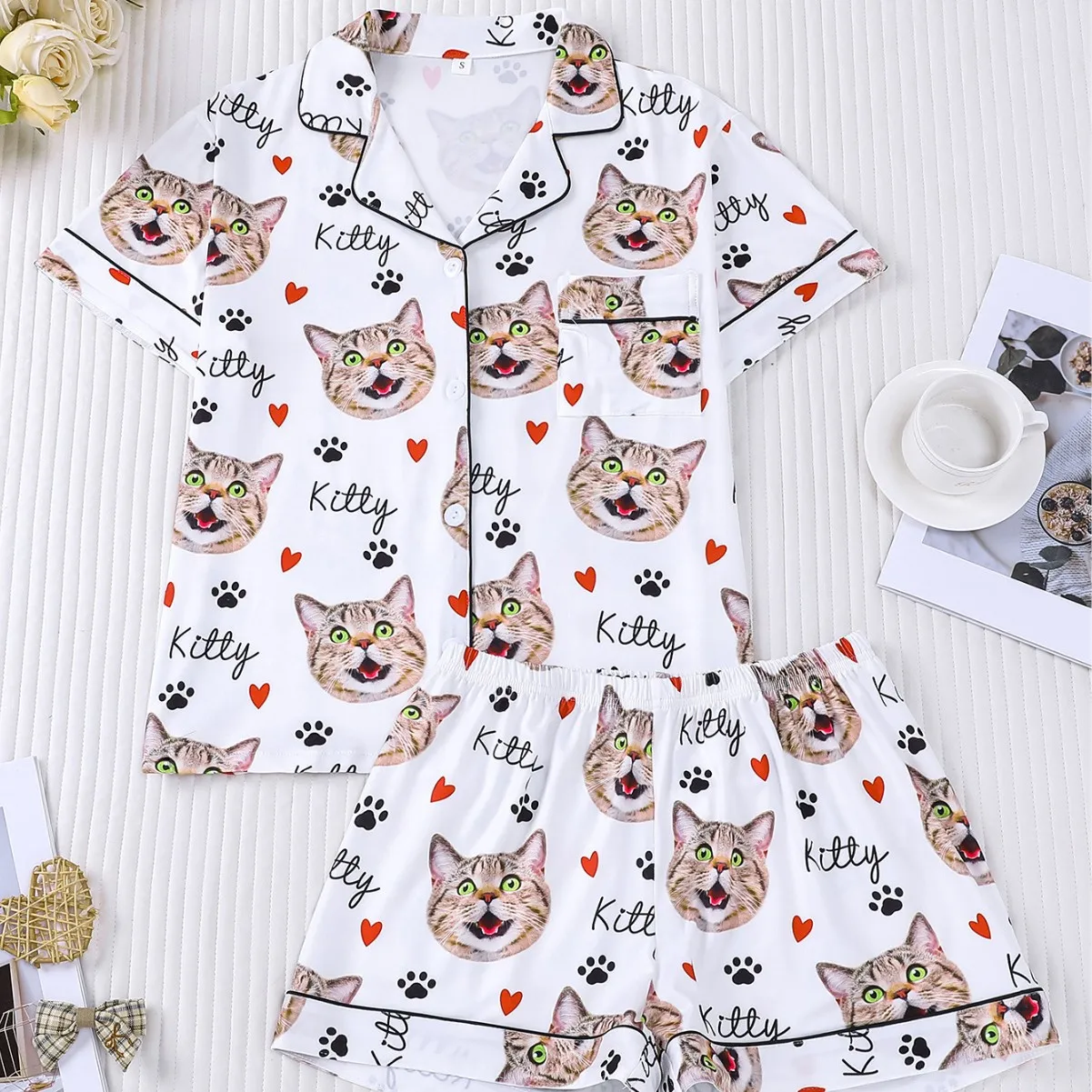 

Summer Cat Animal Printed Pajama Set, Loose Thin Casual Loungewear, Soft Breathable Lightweight Homewear for Women