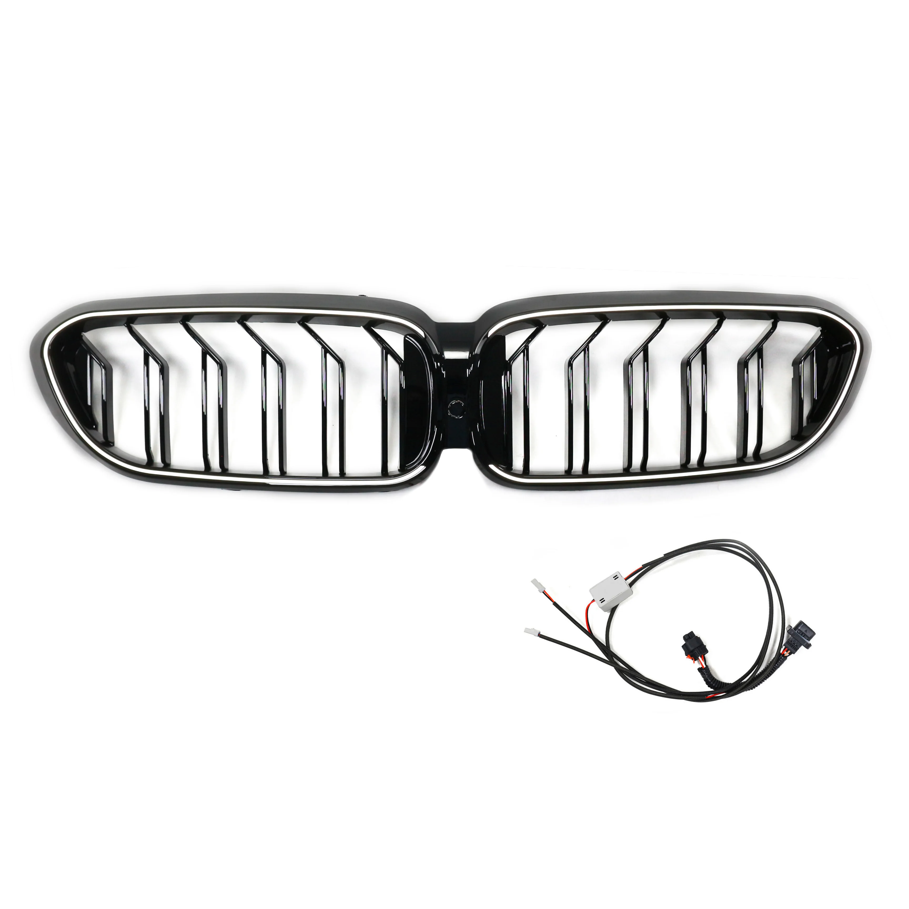 Car Front Hood Grille LED Gloss Black Double Line Front Bumper Grille Front Grill  For B-mw 5 Series G30 2018 2019 2020