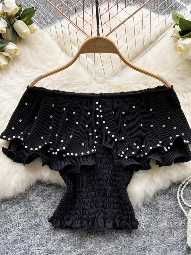 Pleated Blouse French Chic Sleeveless Shirts for Women Pearl Blusas Woman Sweet Fringe Crop Tops Dropshipping