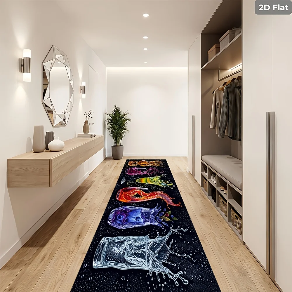 Vintage Cocktail Splash Kitchen Runner Mat, Colorful Drink Glass Print Non-Slip Absorbent Floor Rug for Bar Area, Easy-Clean