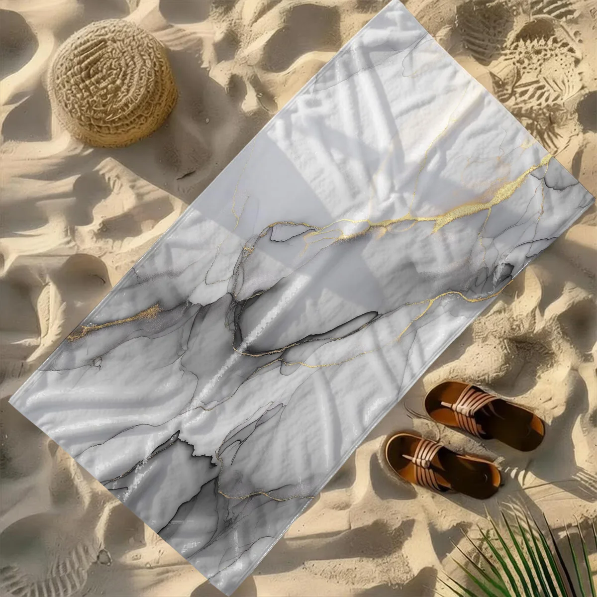 1pc Grey and Gold Marble Towel-Oversized, Absorbent Microfiber, Quick Dry, Ideal for Travel, Swimming, Surfing Bath Towel