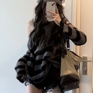 DEEPPTOWN-Women's Striped Strick Court Court, Harajuku, Punk, Hollow-out, Jumper, Lolto, All-Match-Tops, Grunge, E-Mädchen, Streetwear Gothic 8 Hauptverkaufsbluse gestreiftes Grunge - №5