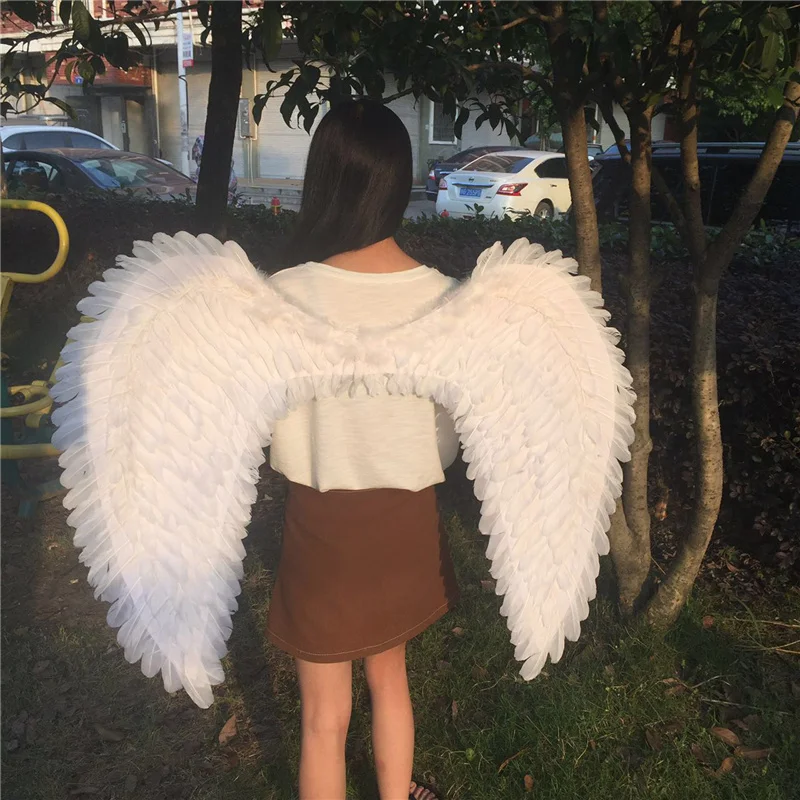 Halloween Angel Wings Plump White Feathers with Color LED Lights Realistic Shoulder Straps Photo Props