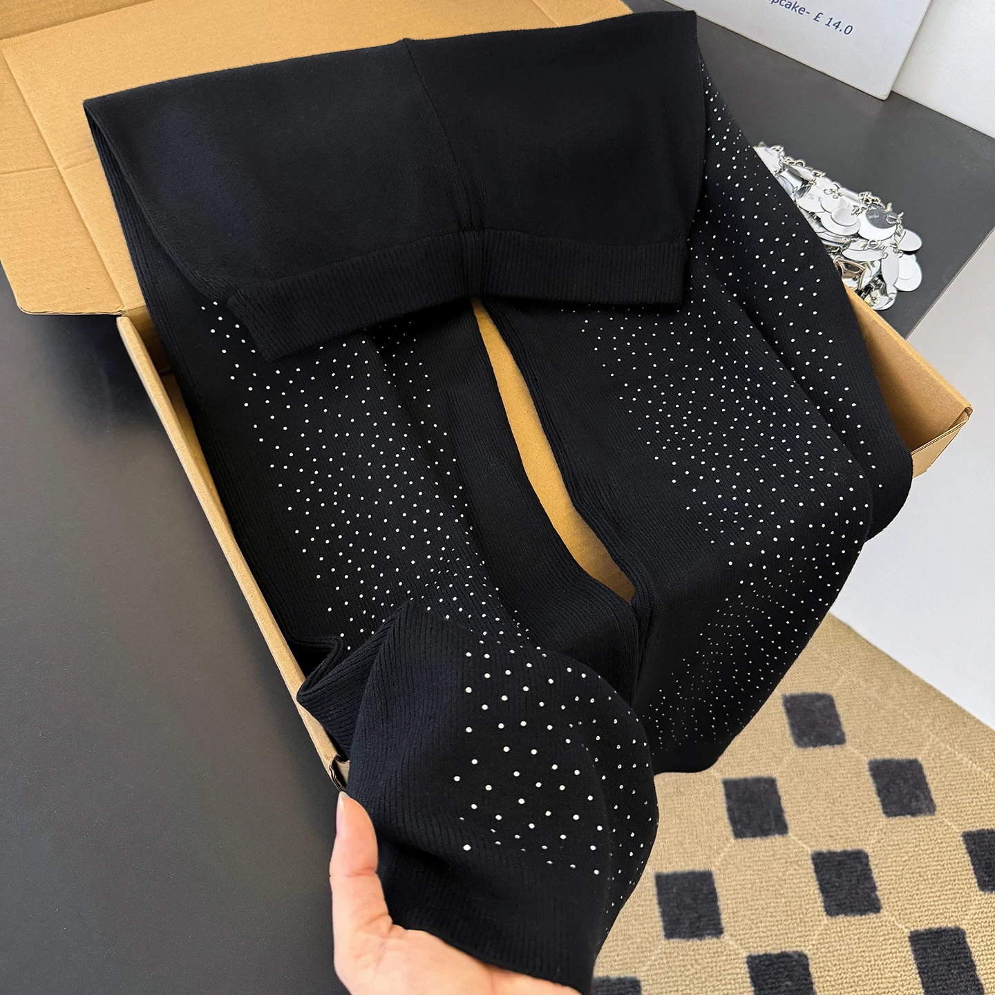 Autumn Winter Rhinestone Knitted Pants For Women American Casual Fashion Solid Color Drawstring Sequin Straight Leg Trousers