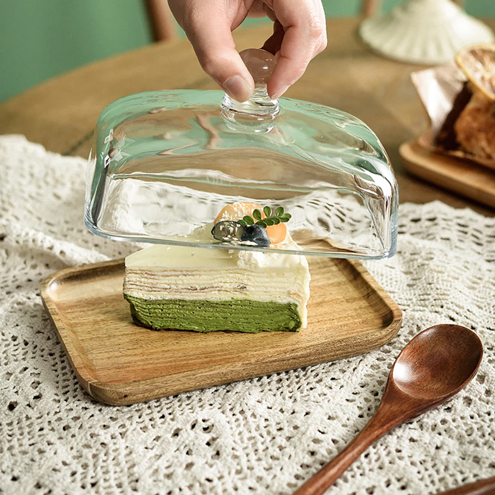 Wooden Butter Dish With Clear Glass Lid Rectangular Display Tray For Butter Block Of Cream Cheese Serving Dish