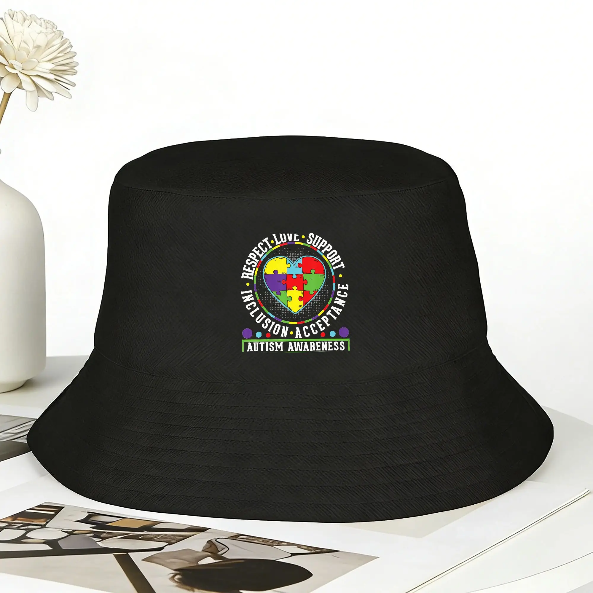 Autism Awareness Respect Love Support Bucket Hat For Unisex  Fisherman Hats Travel Hiking Caps Breathable Hawaii Design Sun Hats