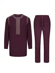 African Clothing For Men Suits Traditional Embroidery Long Sleeve Top Pants Two-piece Set Kaftan Outfits Fashionable