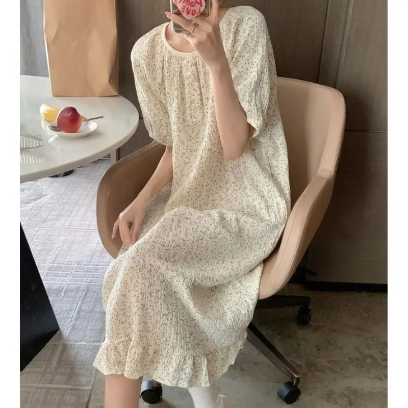 Floral Nightgown Sleepwear Women Korean Ruffles Summer One Piece Pajamas Dress Short Sleeve Night Sleeping Home Wear 2024 New