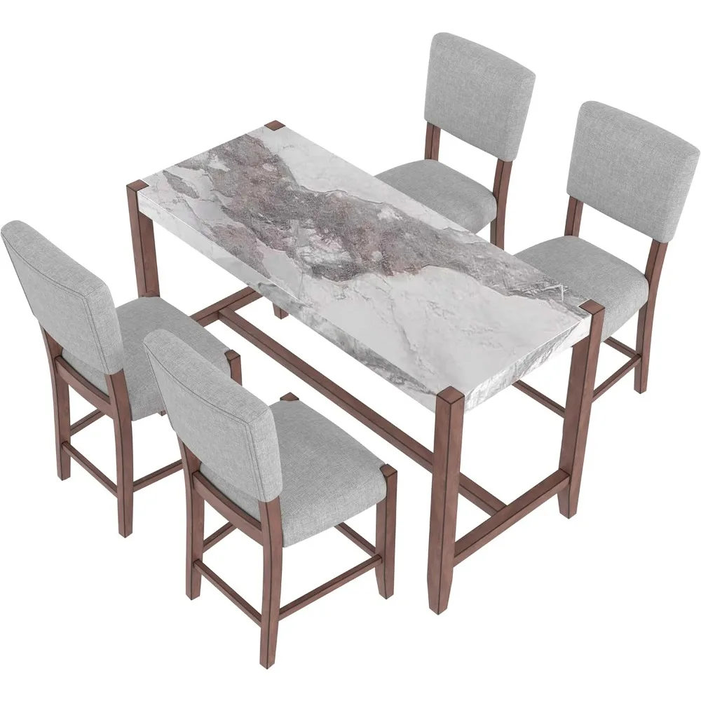 

Mid Century Modern 5 Piece Faux Marble Dining Table Set with Upholstered Chairs, Counter Height Bar Table Set for Kitchen