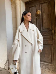 Chic Women Solid Double Breasted Long Coats Elegant Lapel Full Sleeves Pocket Overcoat Fall Fashion Lady Commuting Outerwear