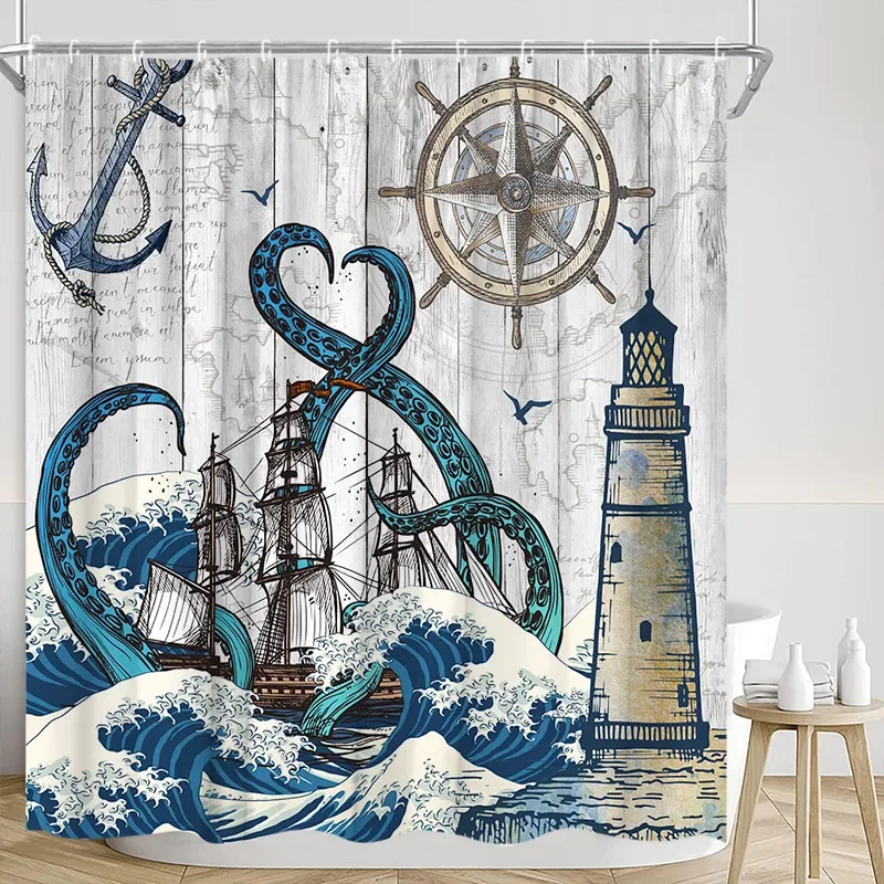 

Vintage Nautical Shower Curtain Lighthouse Ship Anchor Octopus Starry Sailboat Adventure Polyester Fabric Bathroom Decor Curtain