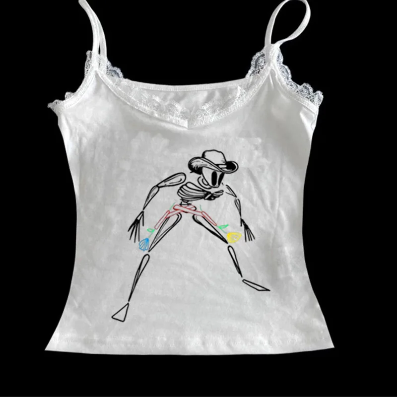 الصيف المرأة أزياء الشارع القوطية بروتيل أعلى رسمت باليد خمر الهيكل العظمي نمط المطبوعة سترة Y2k الملابس #4