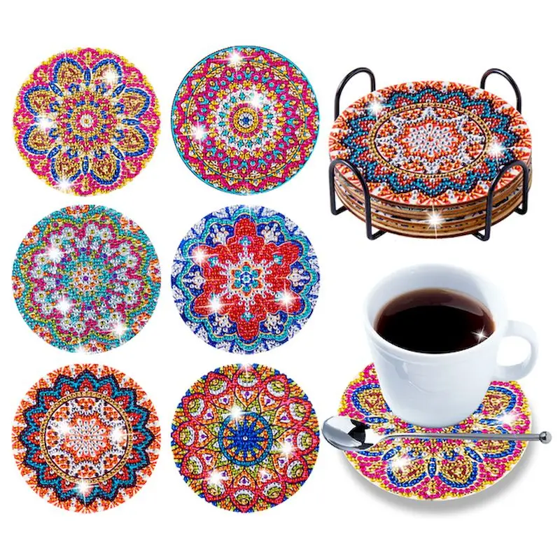 GATYZTORY 6Pcs/sets Diamond Painting Coasters with Holder  DIY Diamond Art Coasters for Beginners Kids Mandala Flowers Mosaic