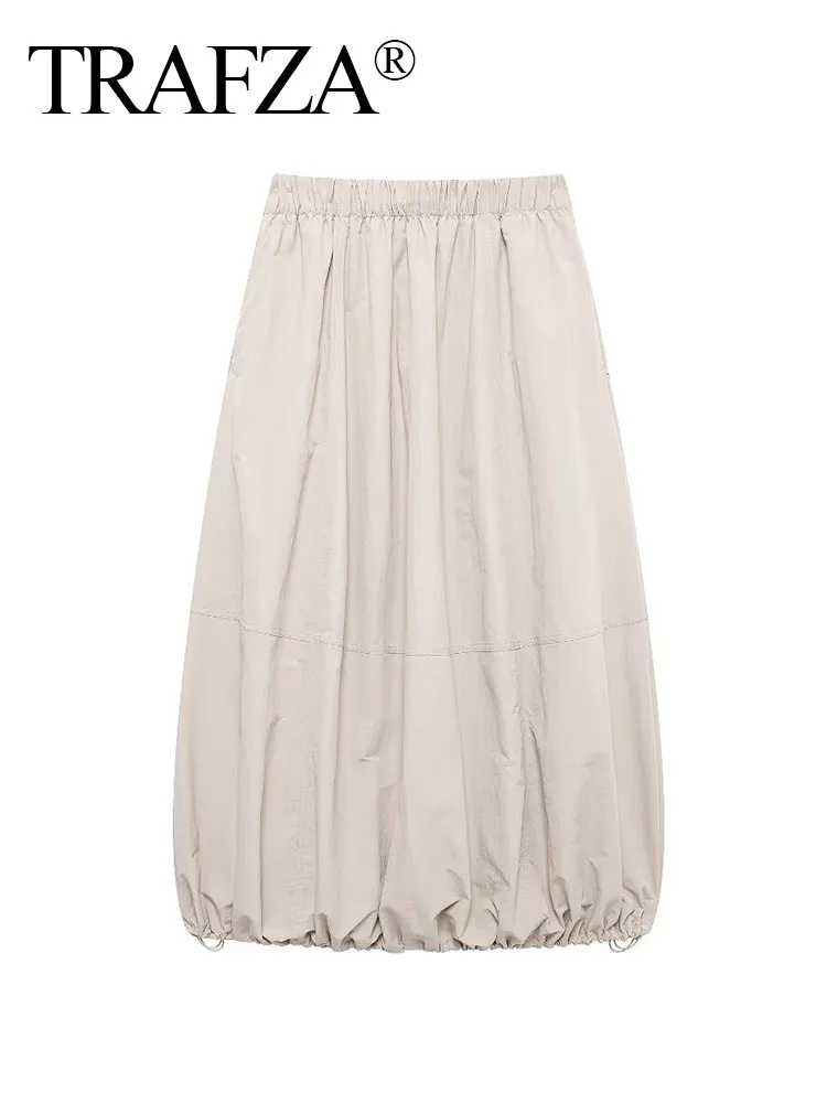 TRAFZA Female Summer Fashion Drawstring Pleated Decorated Balloon Lantern Skirt Women Elastic Waist Mid-Calf Casual Skirt Mujer