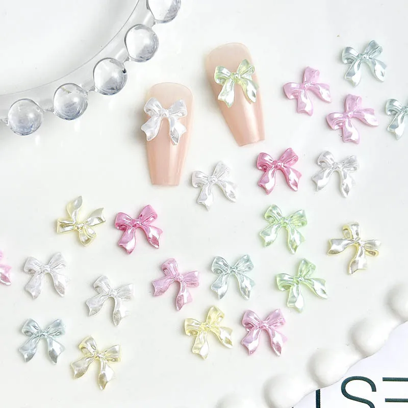 20szt Pearl Color Ribbon Bow Nail Charms Parts Kawaii Pink White Bows Nail Art Decoration Accessories Nail Art Design Supplies