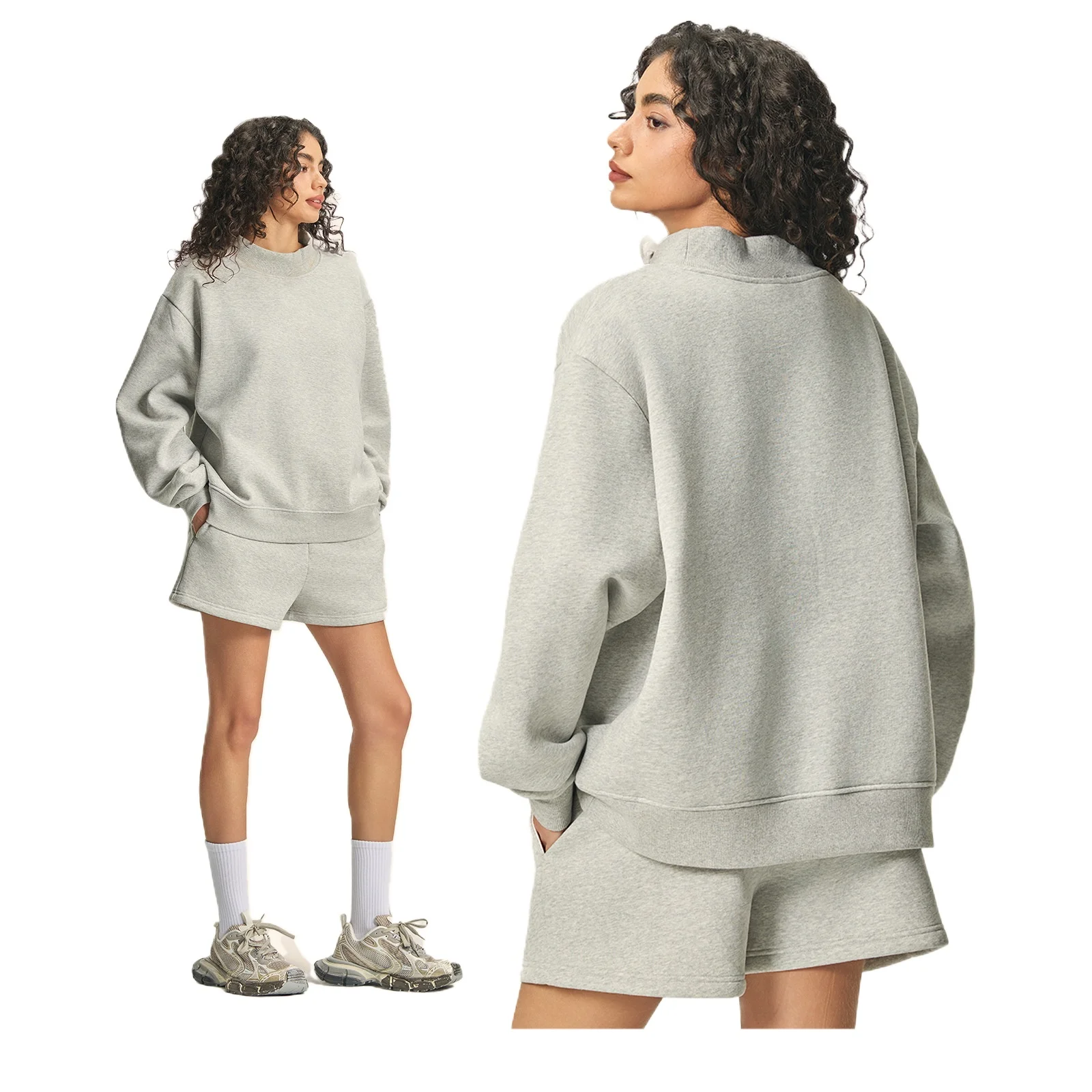 Winter - American Casual Oversized Sweatshirt + Shorts Colorful Palette Ultra-Soft Fabric Cozy Women's Fleece-Lined Set for Fall