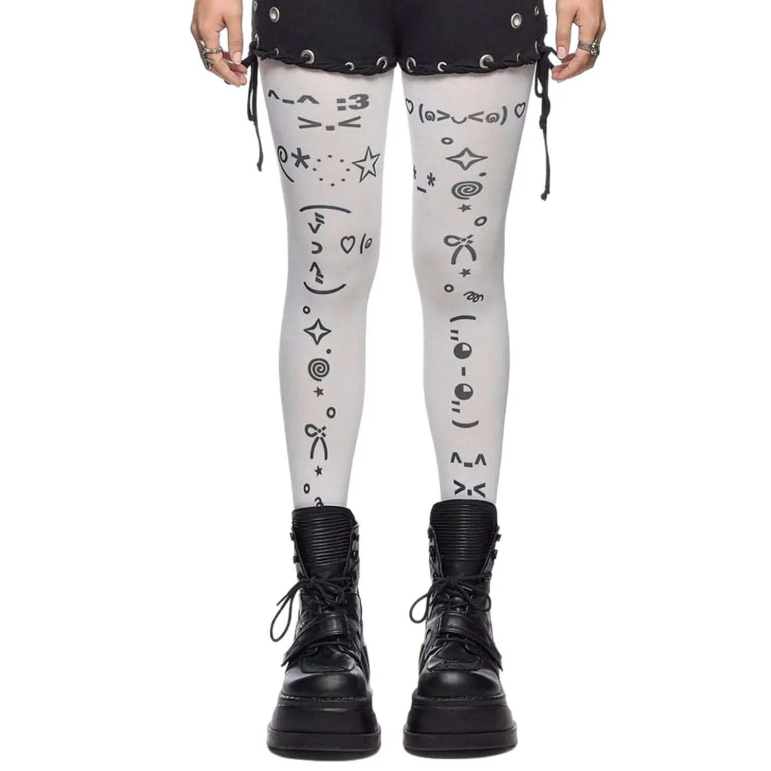 Cute Star Kaomoji Pattern Tights Women Full Length Stretch Pantyhose Sweet Lolita Aesthetic Printed Hosiery Casual Party Wear