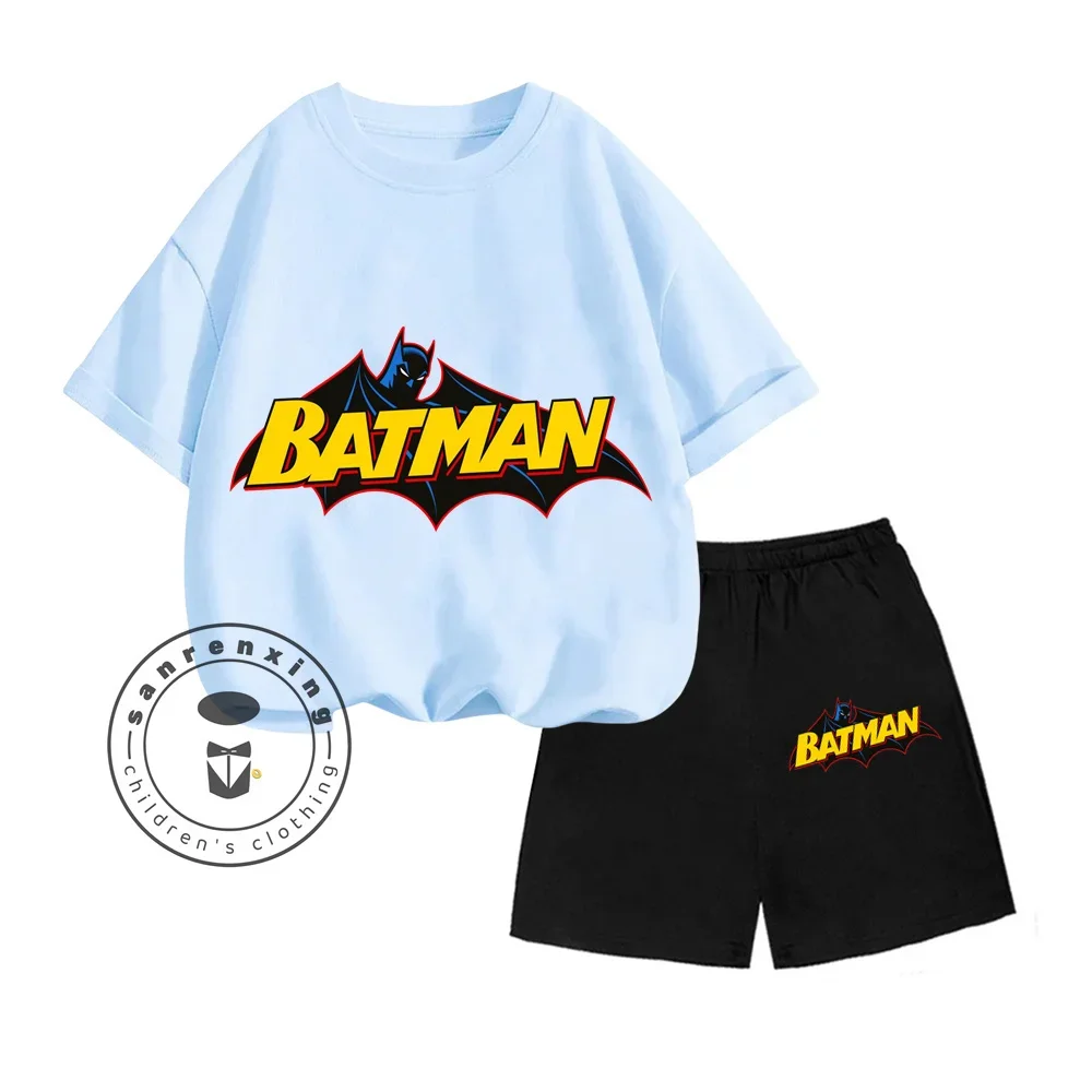 DC Comics Batman Animated Cartoon Character Print Design O-neck Vintage Short Sleeve and Shorts Children Summer Two-piece Set