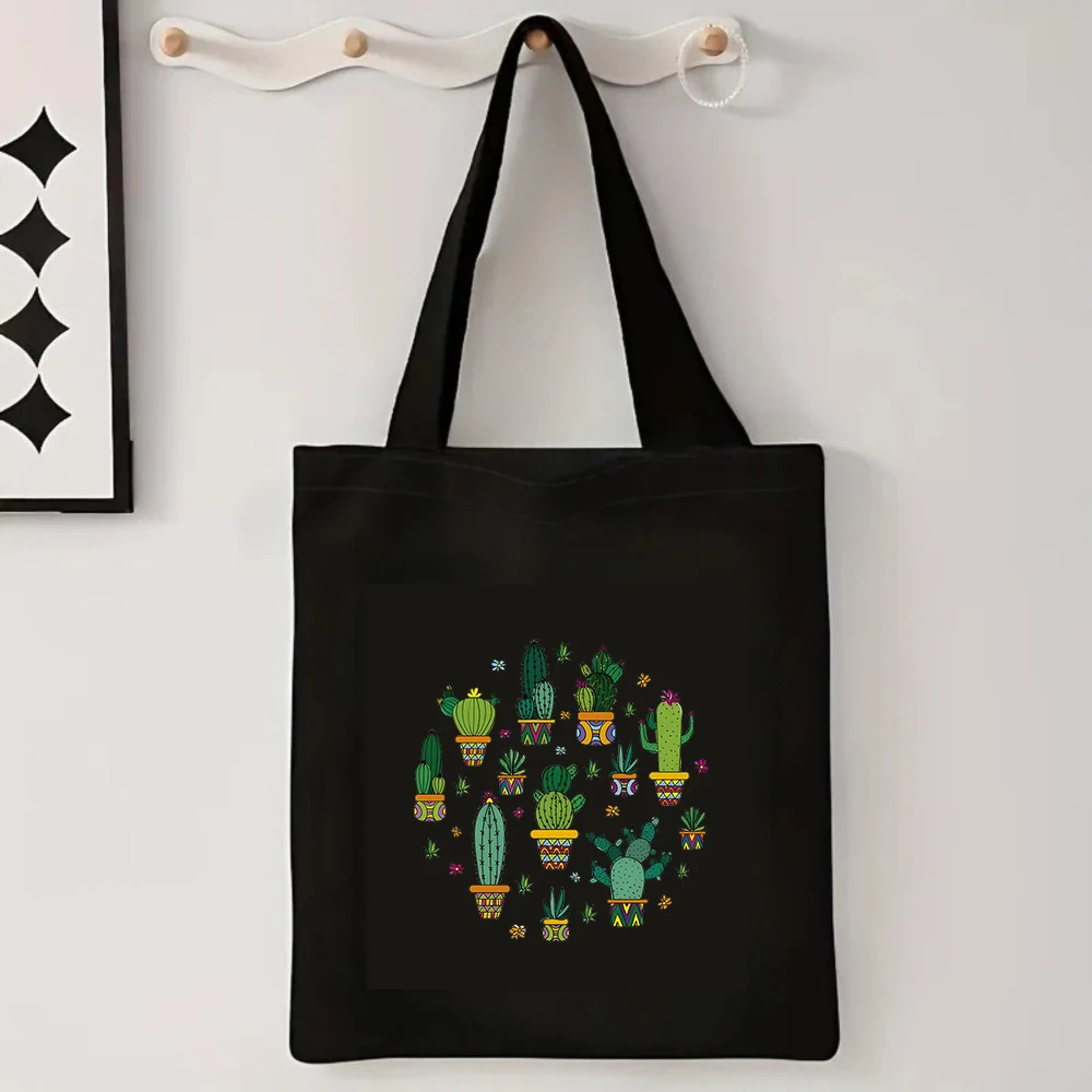Colorful Cactus Print Canvas Tote Bag, Eco Friendly Plant Lover Casual Shoulder Bag For Women, Reusable Shopping Bag