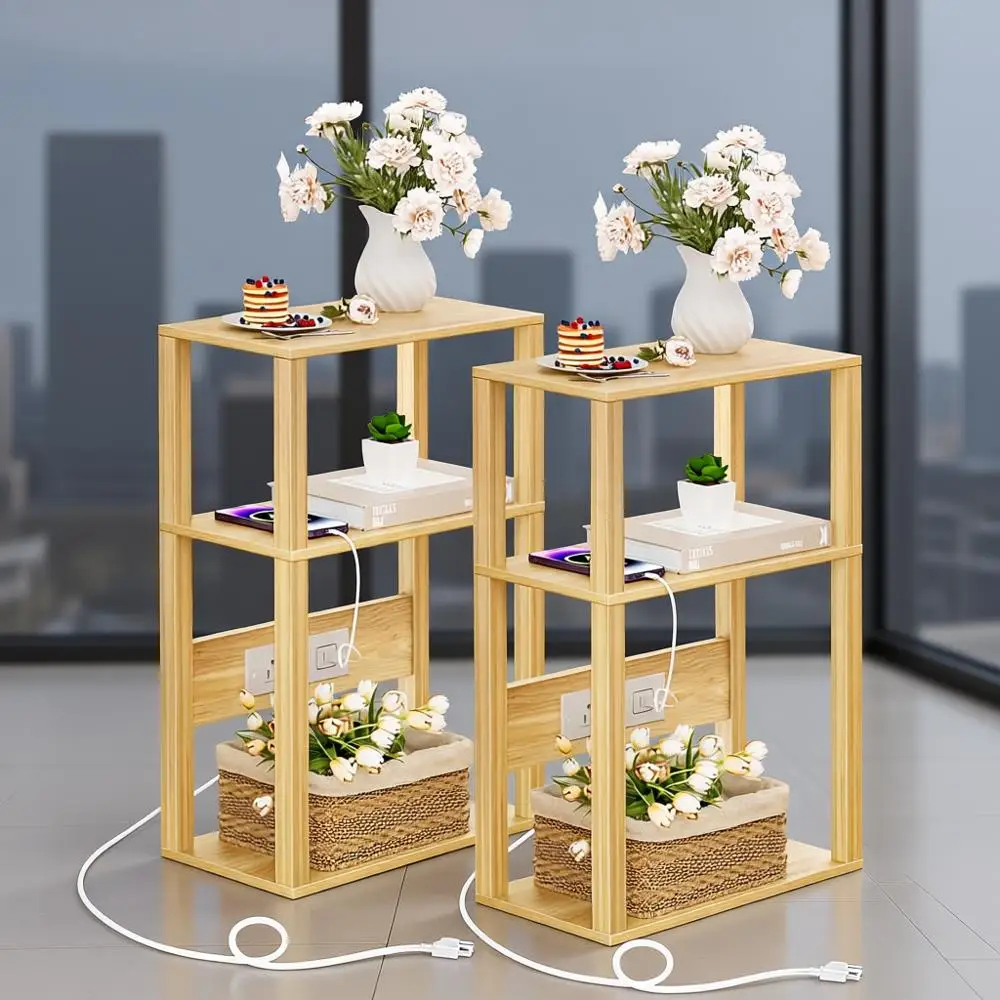 

3 Tier Small Narrow Bamboo Side Table Set of 2 with Charging Station - Skinny Nightstand for Small Spaces, Slim Bedside Table wi