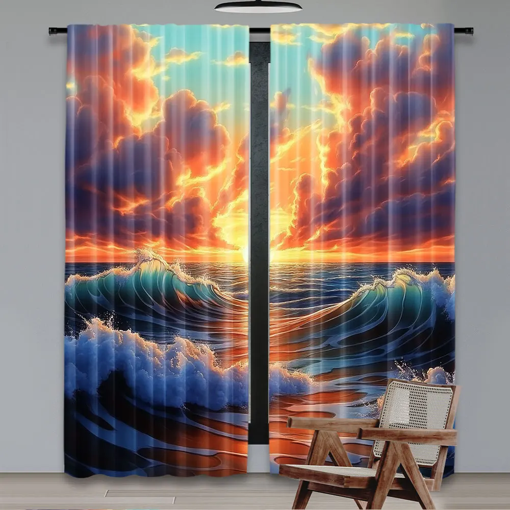 2Pcs Ocean Sunset Scenery Curtains Personalized Curtainsocean Waves Orange Sunset Orange Cloud Curtains