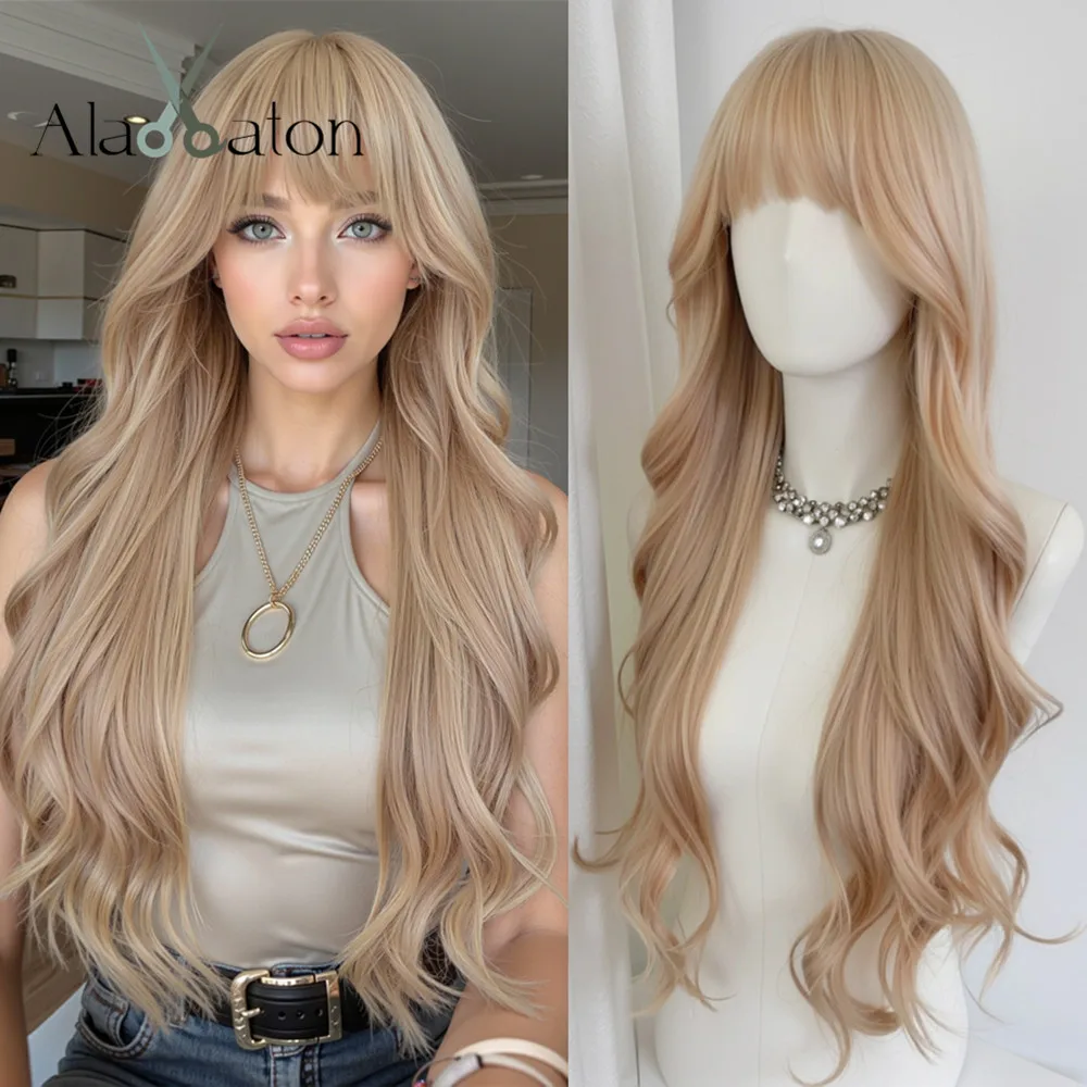 ALAN EATON Long Blonde Synthetic Wigs with Bangs Layered Wavy Hair Wig for Women Natural Looking Daily Heat Resistant Fake Hair