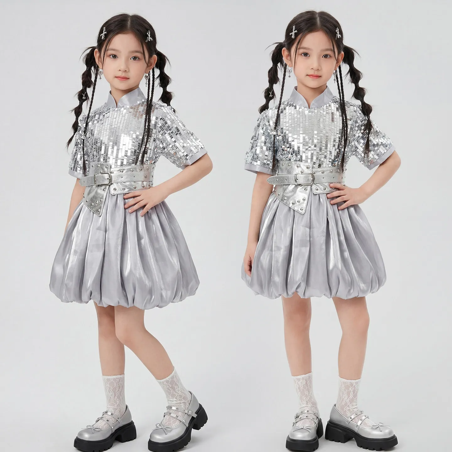 

2026 New Girls Jazz Outfit Silver Sequin Performance Stage Wear Kid Model Runway Show Clothing Children Fashion Clothes VDL5498