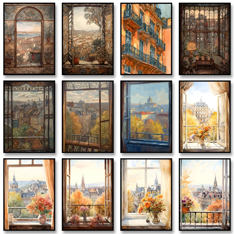 Canvas Painting Vintage Travel Illustration Poster Window View Of Autumn Print Watercolour Wall Art Picture For Home Wall Decor