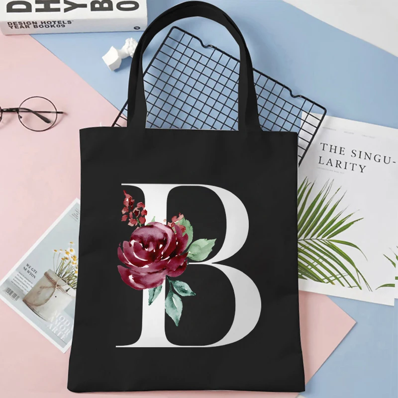 Canvas Bag for Women Rose 26 Alphabet A-Z Shopper Aesthetics Handbag Storage Reusable Black Shoulder Bag Floral Letter Tote Bag