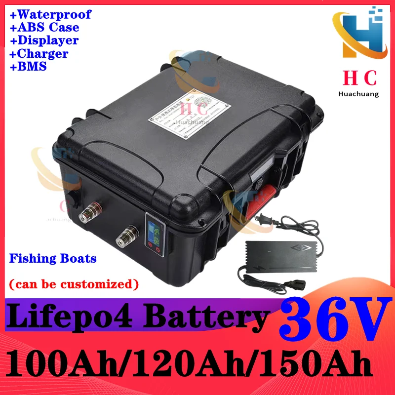 

Waterproof 36V 150Ah 100Ah 120Ah LiFepo4 lithium battery pack with BMS for fishing boats solar system motor EV RV+10A charger