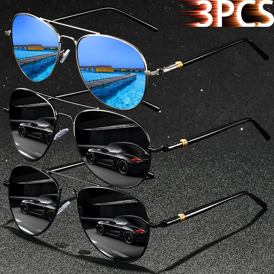 

3Pcs Fashion Vintage Ellipse Metal Frame Pilot Sun glasses Men Women Fishing Driving Sun Glasses Night Vision UV400 Eyewear