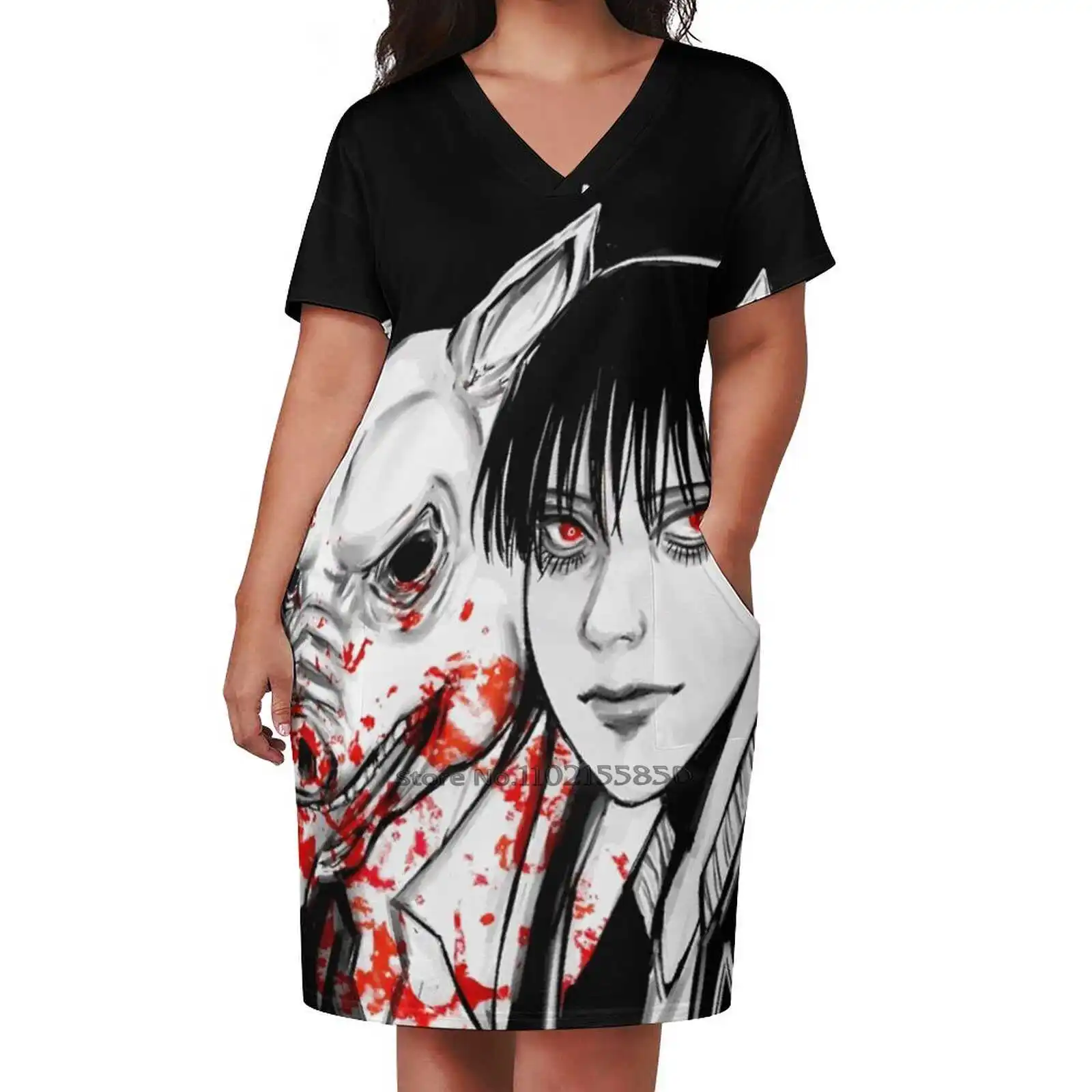 Buddy Loose Pocket Dress Summer Sexy V Neck Dress Print Short Sleeve Dress Oc Ocart Horror Guro Blood Bloody Original Y2K