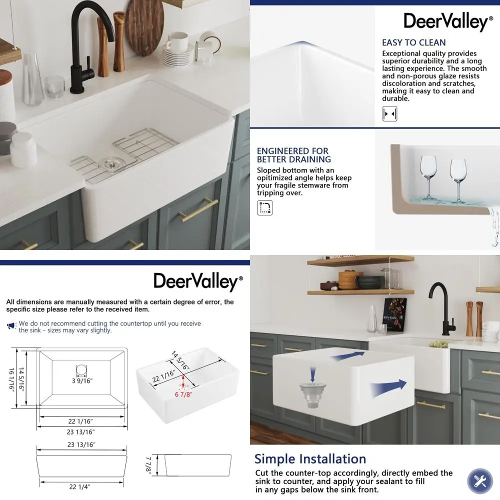 حوض مطبخ مزرعة بوعاء واحد من السيراميك مقاس 24 بوصة، حوض أمامي عميق على الطراز التقليدي