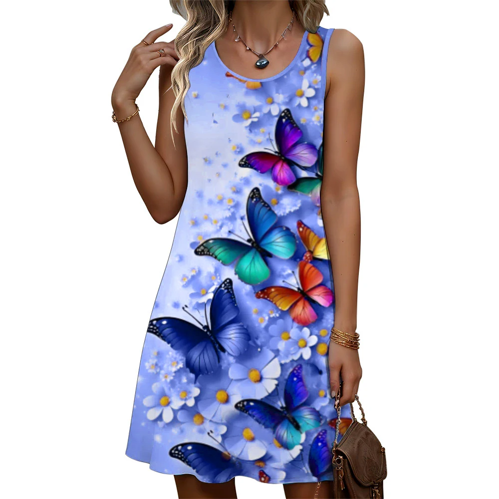 Women Fashion Butterfly Pattern Mini Dresses Summer Sleeveless 3D Printed Street Trend Ladies Dress 3XL Plus Size Casual Dress