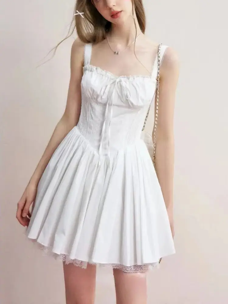 Women Waist Tie Square Neck Bow A-Line Dress Summer Y2K Lace Up Solid Color Dress Korean Academy Party Party Women's Sexy