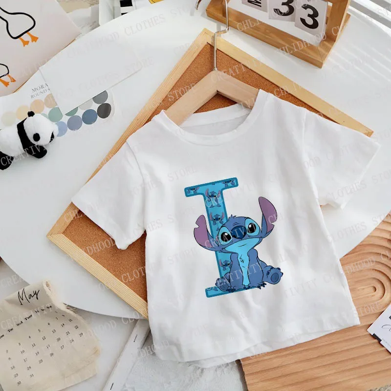 Stitch T-Shirt Letter A B C D Children Name Combination Tee Shirts Cartoons Kawaii Kid Casual Clothes Girl Boy Tops Clothing