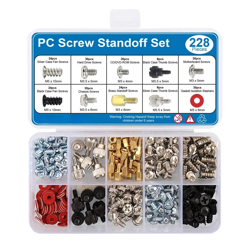 

228Pcs Boxs Screws Washers Set Desktop Computer Case Assemble Screw Kit Computer Repair Screws Gasket Assortment M3/3.5/5/5.5