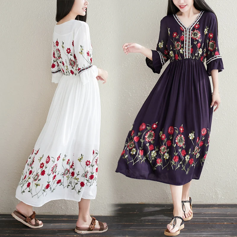 2022 Women Retro Flare Sleeve Beach Embroidery Tunic Dress Summer Casual V-neck Boho Holiday Dresses Fashion Loose Vestidos