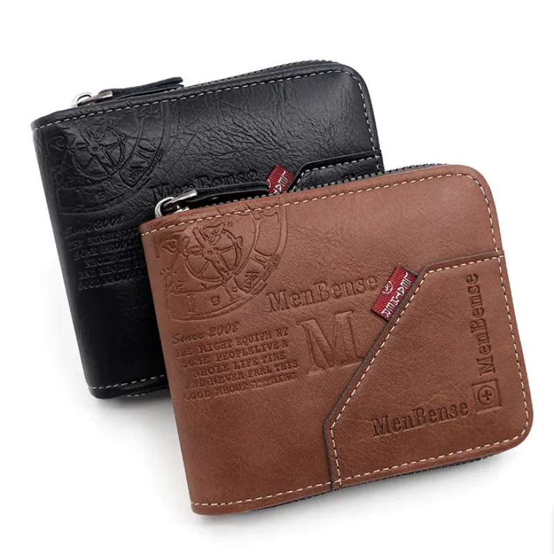 New PU Leather Wax Oil Skin Wallet for Men Coin Purse Short Male Card Holder Wallets Zipper Around Money Coin Purse Dropshipping