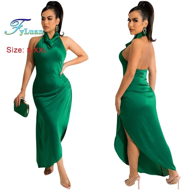 ファッションロングドレス レディース服 セクシー 無地 イレギュラーヘム スリット入り バックレス マキシドレス サテン ノースリーブ エレガント パーティードレス