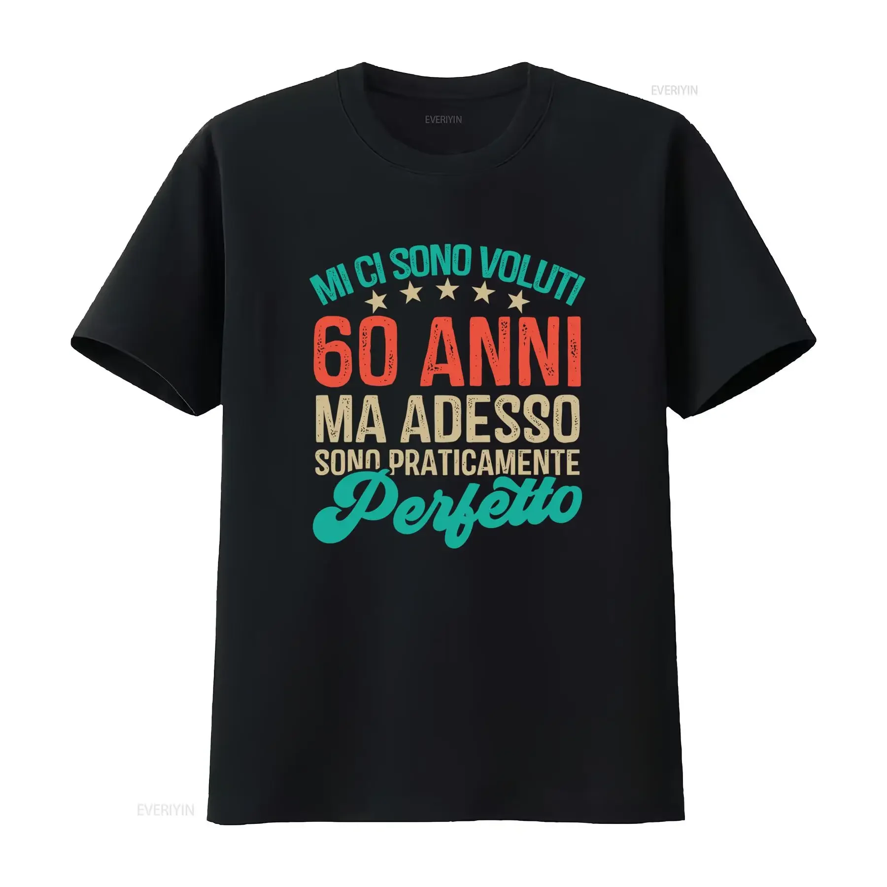 T-Shirt als Geburtstagsgeschenk, perfekt für 60 Jahre. Rundhalsausschnitt, lässiges, leicht elastisches Gewebe, normale Passform.