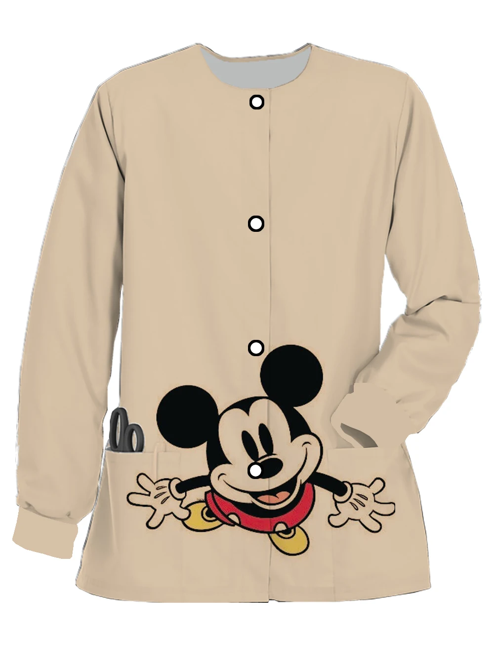 Mickey Mouse Disney Loose Work Uniform Print Women's Round Neck Jacket Long Sleeve Pocket Medical Nurse Scrub Shirt