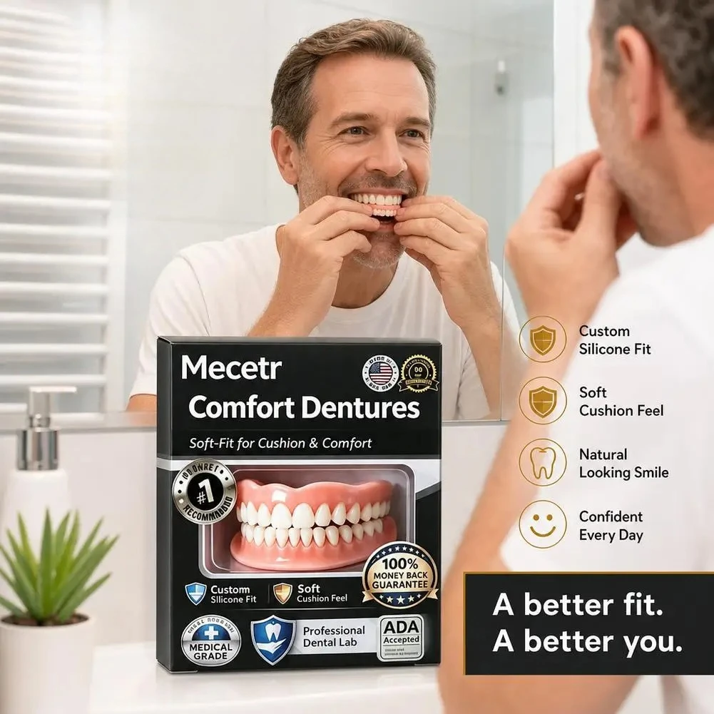 Upgrade Silicone Fake Teeth Prop, Full Upper & Lower Natural Cosmetic Dentures, Comfort Removable Smile Decor for Costume Party