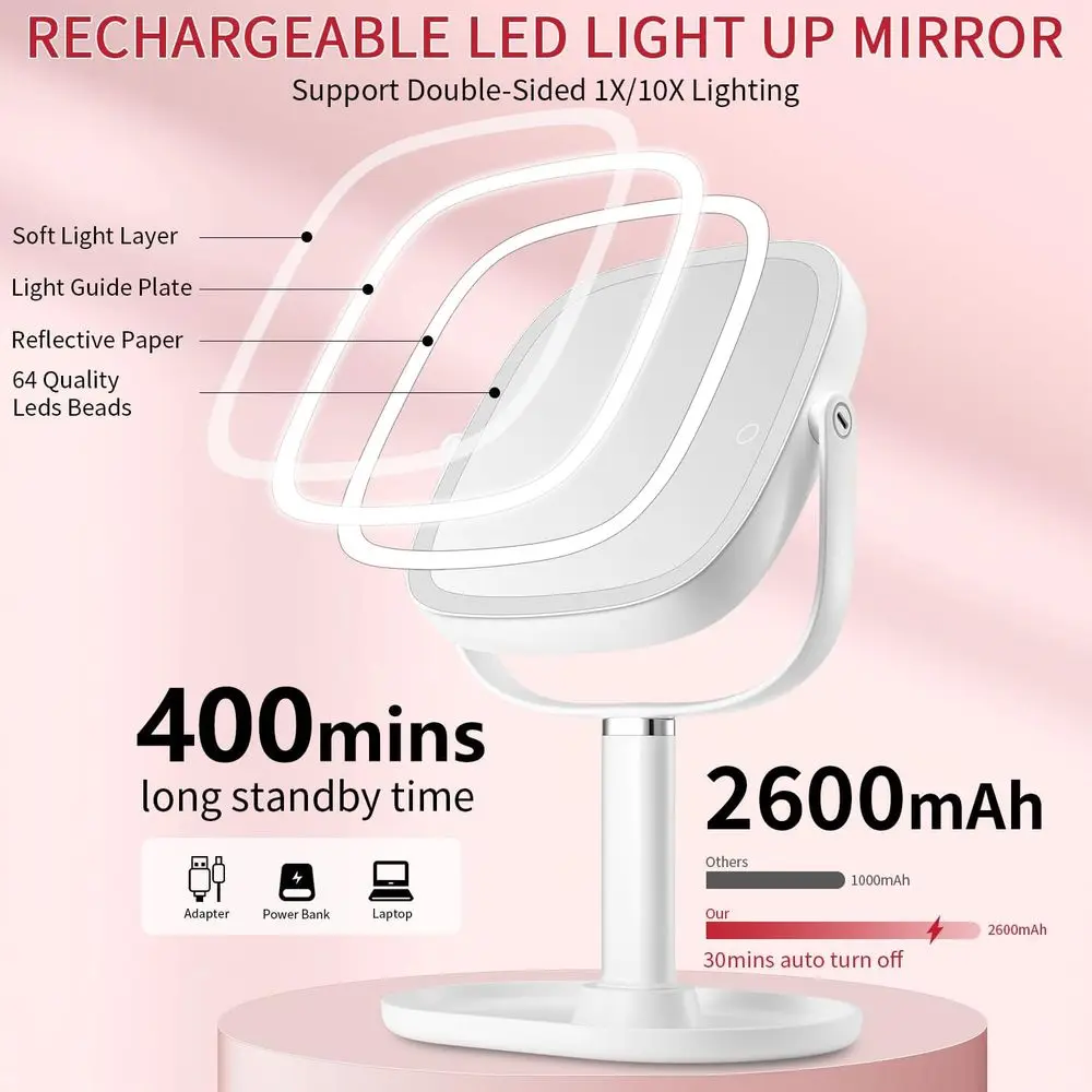 Illuminated Makeup Mirror, 2600mAh Battery, 10x Magnification, Adjustable 8.5 Vanity Mirror with 3 Light Colors, 360° Swivel, Id