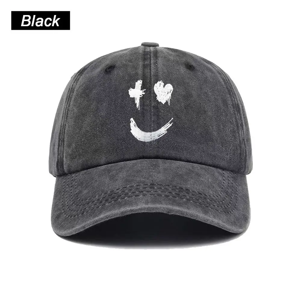 Vintage Washed Baseball Cap Graffiti Smiley Face Print Graphic Unisex Streetwear Casual Trucker Style Summer Cotton Sun Hat