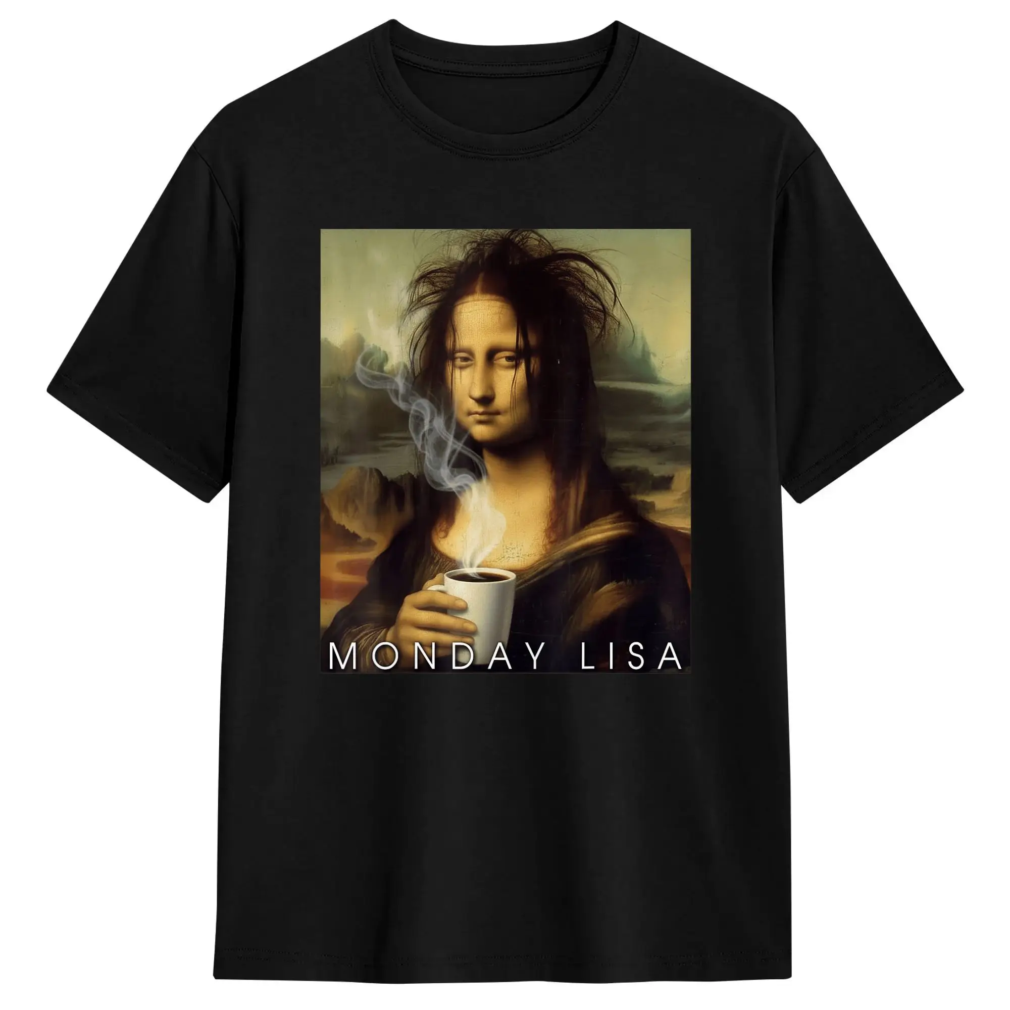 Monday Lisa Funny Coffee Art Parody Mona Lisa Holding Cup T Shirts Men Cotton Casual T-Shirts Short Sleeve Clothing Summer