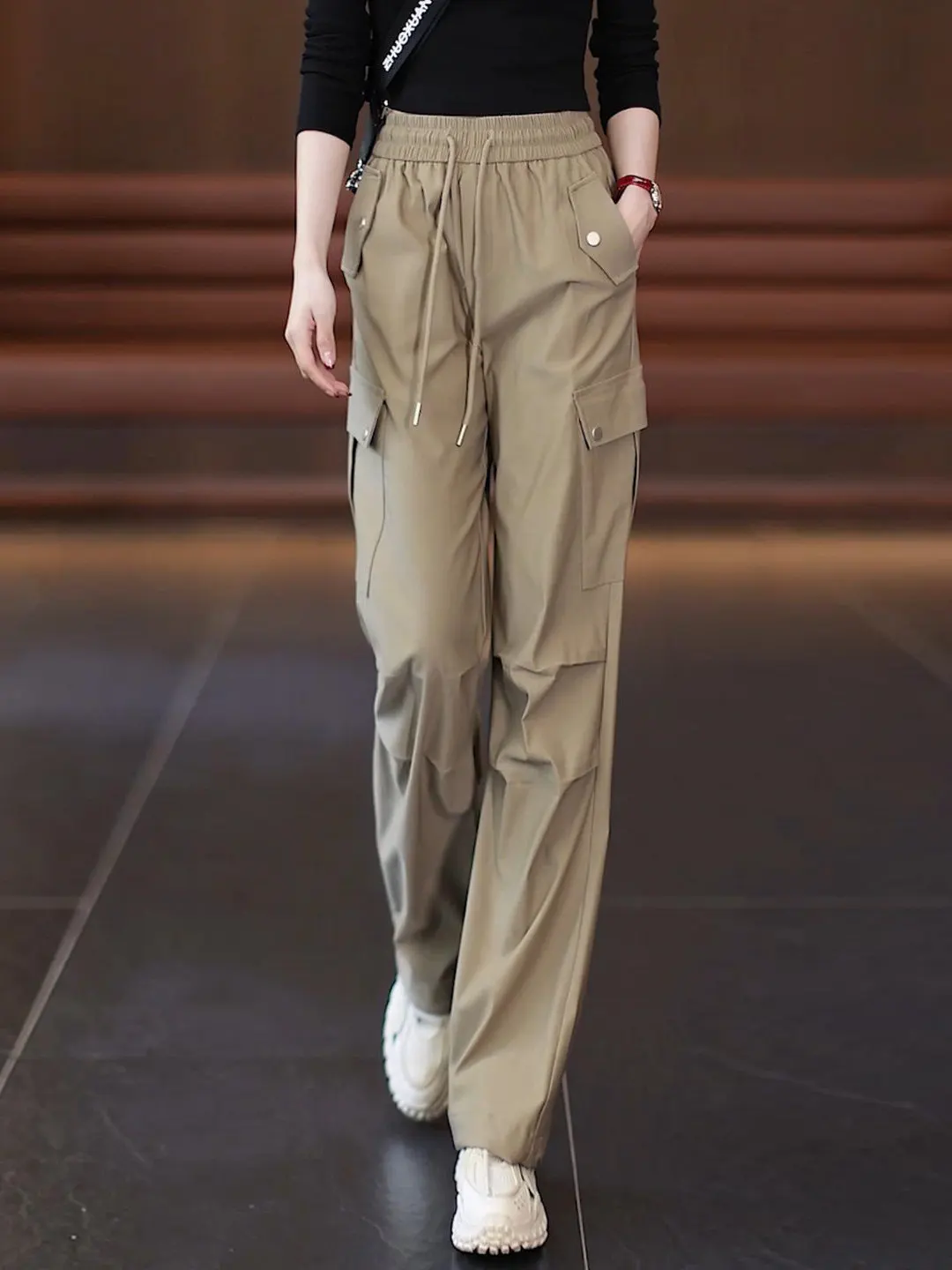 

American Style High Waist Wide Leg Pants Women's Casual Trousers Khaki Color Spring Autumn plus Size Slimming Drapey