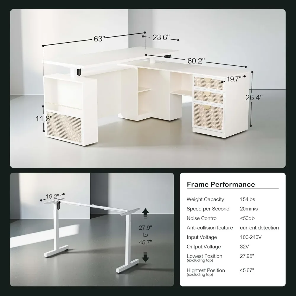 Electric Stand Up Table with 3 Drawers, Office Desks，63